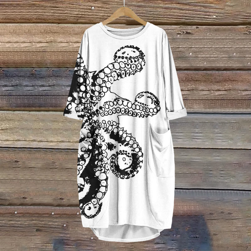 Octopus Asymmetric Print Crew Neck Casual Dress