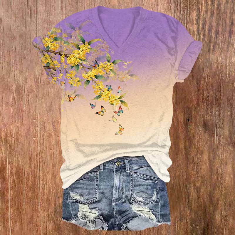Japanese Vibrant Winter Jasmine & Butterfly Print V-neck T-shirt - Purple - US32-34(5XL) - image 6