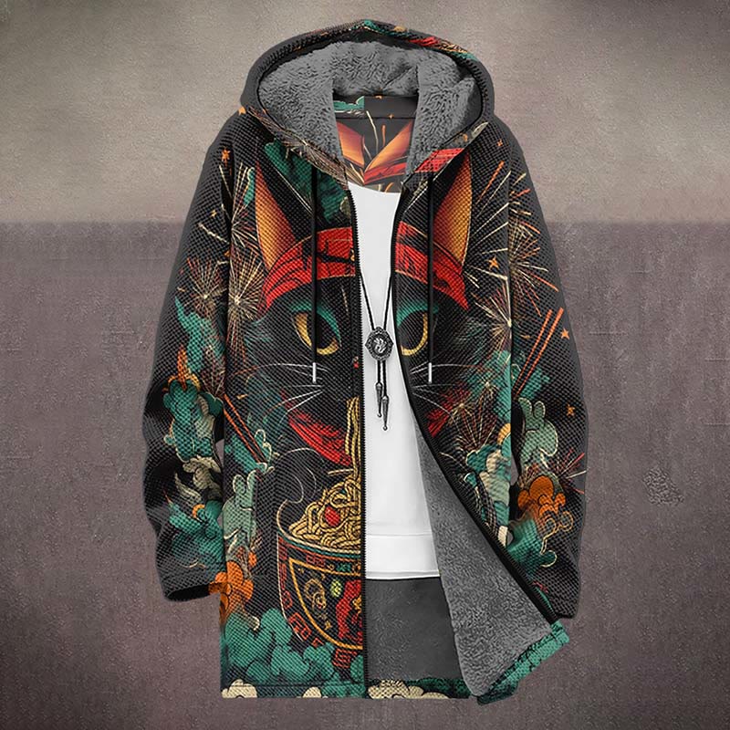 Retro Mysterious Ethnic Pattern Black Cat Print Unisex Plush Thick Long-sleeved Fleece Jacket Coat - image 2