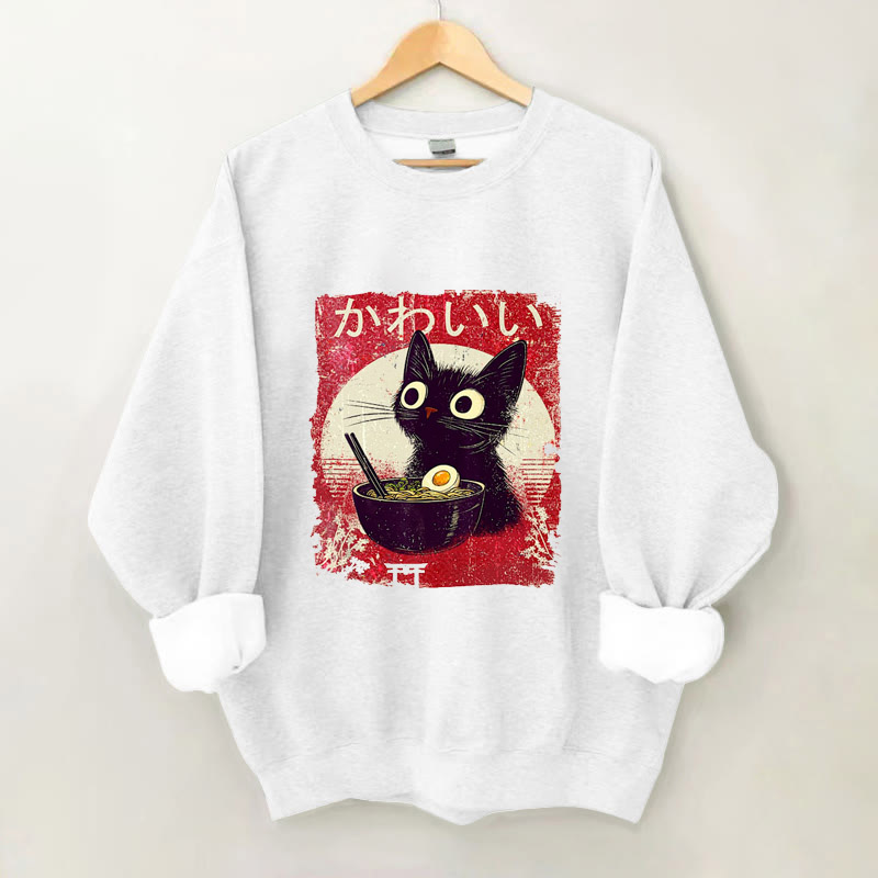 100% Cotton Japanese Cute Cat And Ramen Print Crew Neck Sweatshirt - White - 2XL - image 2