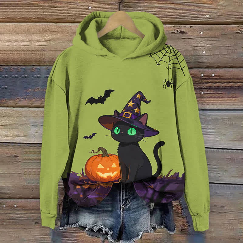 Halloween Wizard Black Cat & Pumpkin Print Long Sleeve Hoodie - Green - US44-46(8XL) - image 5