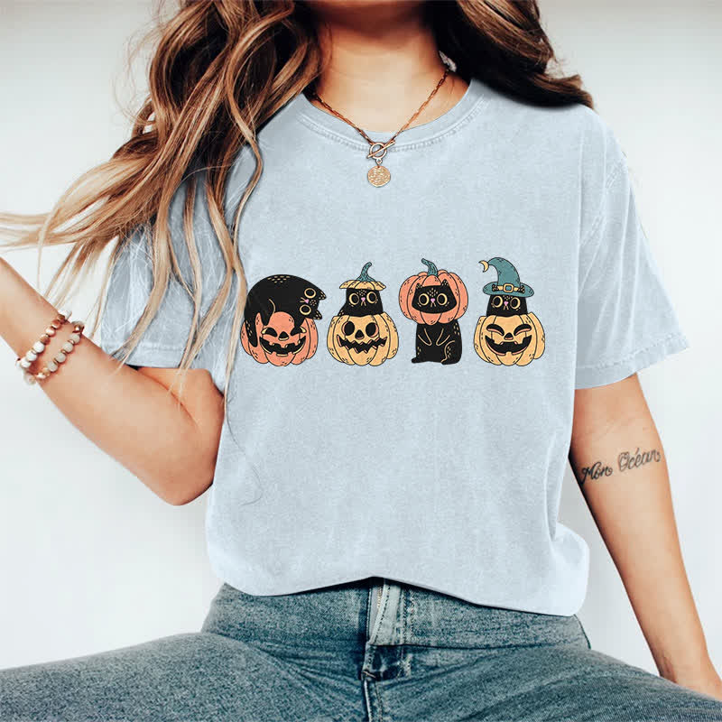 100% Cotton Halloween Funny Black Kitten & Pumpkin Art Print T-shirt - Light Blue - 2XL - image 12