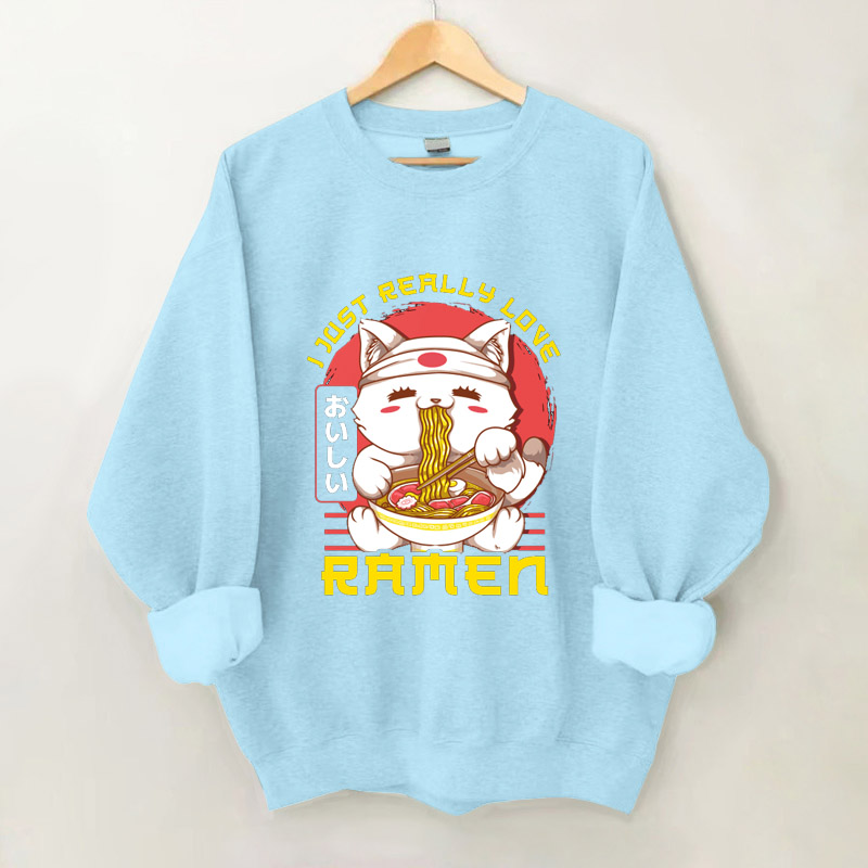 100% Cotton Japanese Cute Cat And Ramen Print Crew Neck Sweatshirt - Blue - 2XL - image 3