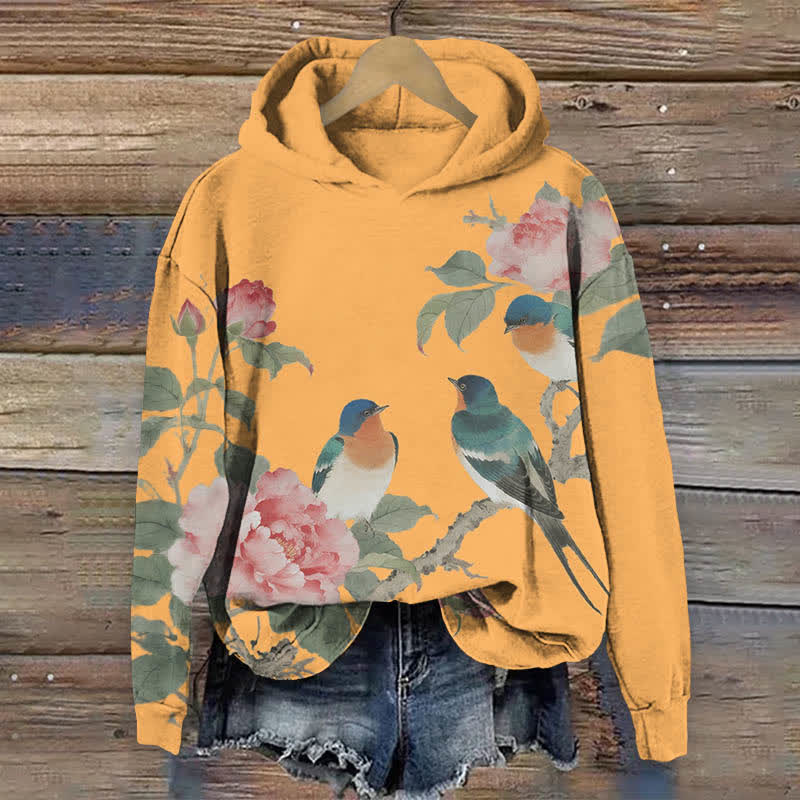 Vintage Rose Blossom & Bird Art Print Long Sleeve Hoodie - Orange - US44-46(8XL) - image 3