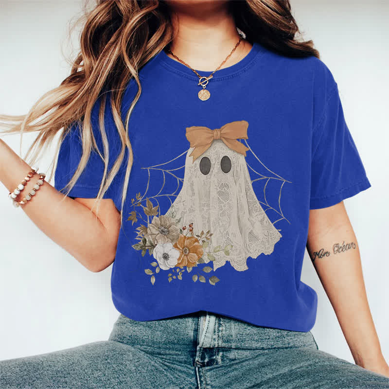 100% Cotton Halloween Funny Floral Bow Ghost Art Print T-shirt - Royal Blue - 2XL - image 13