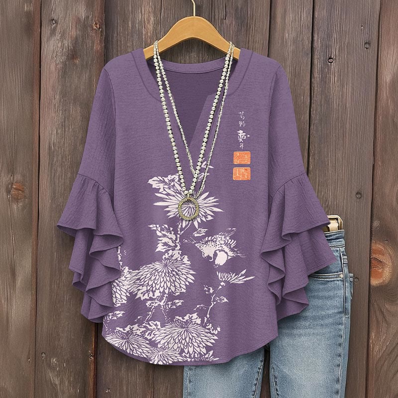 Vintage Chrysanthemum Print V-neck Half Sleeve Blouse - Purple - 5XL - image 7