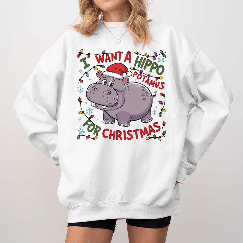 Unisex 100% Cotton Cute Hippopotamus For Christmas Print Round Neck Sweatshirt - White - 2XL - image 2