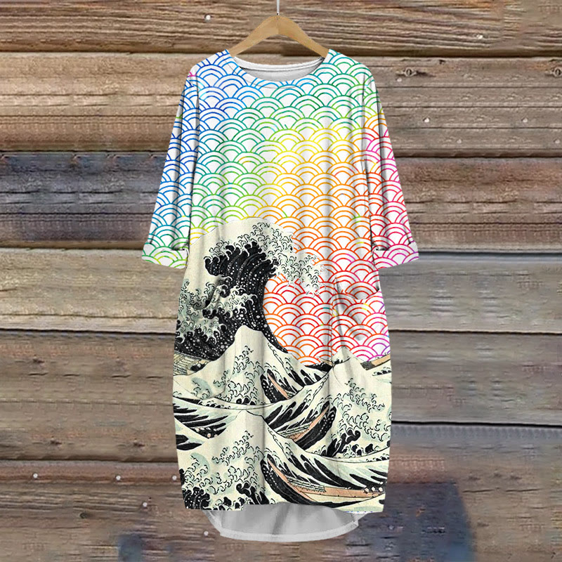 Japanese Style Wave Stitching Rainbow Dyed Waves Print Crew Neck Dress - Black - 8XL - image 3