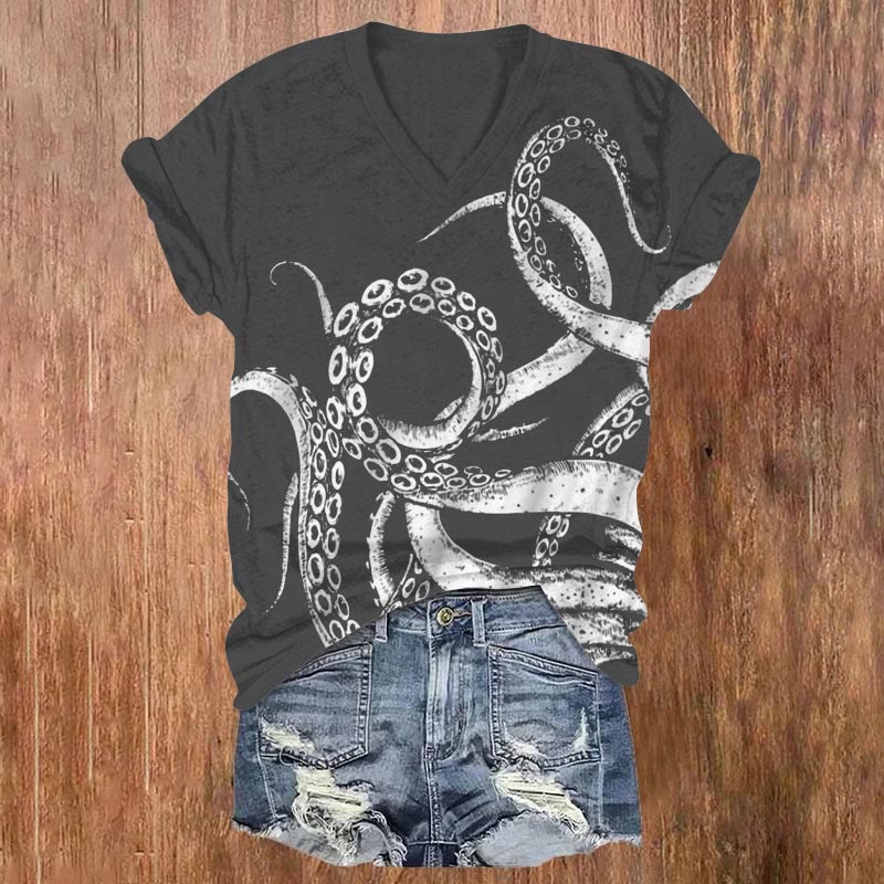 Contrast Octopus Tentacles Print V-neck T-shirt