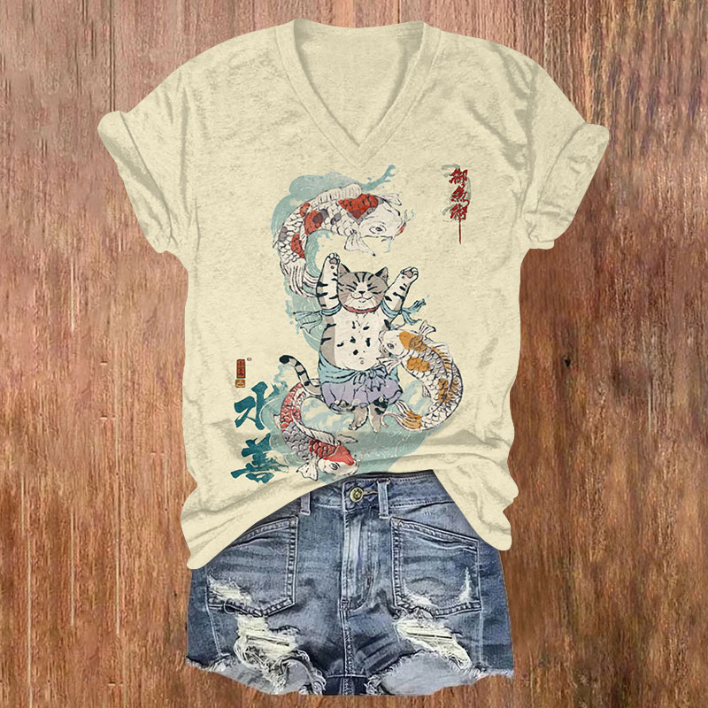 Japanese Koi Swimming Around The Cat Print V-neck T-shirt - Apricot - US32-34(5XL) - image 2