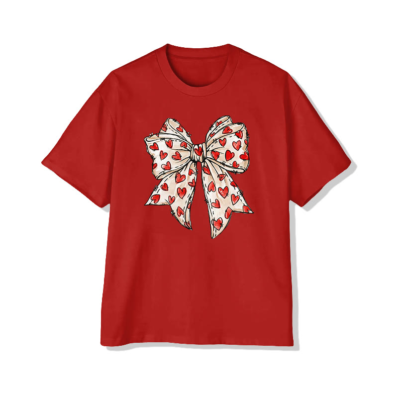 Heart-patterned Bow Valentine's Day Print T-shirt - Red - 8XL - image 3