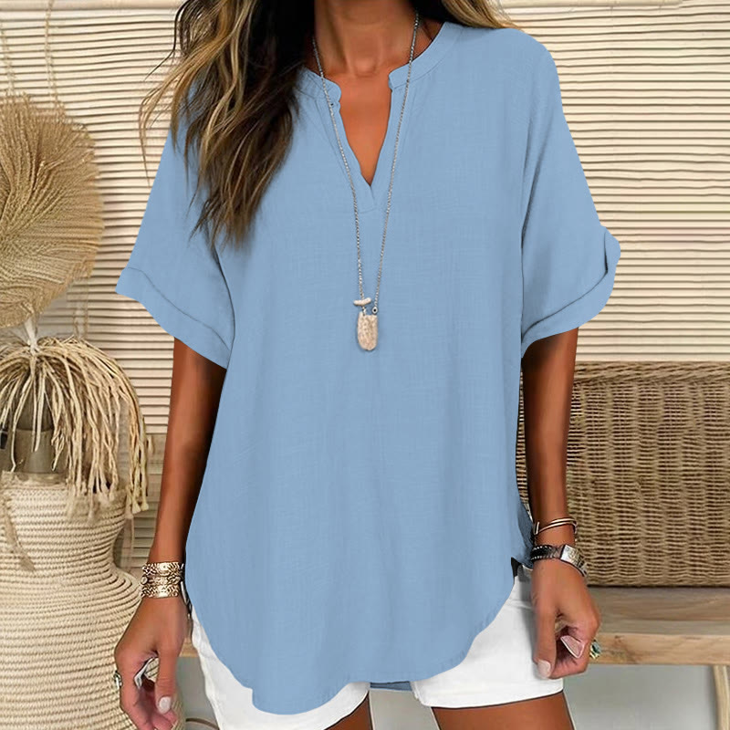 Women's  Solid Color Short Sleeve Casual Blouse - Light Blue - 5XL - image 10