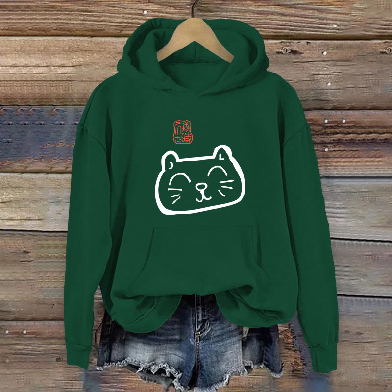 100% Cotton Japanese Cat Print Women's Hoodie - Green - 2XL - image 7