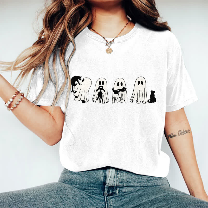 100% Cotton Halloween Ghost Playing With Cats Art Print T-shirt - White - 2XL - image 5