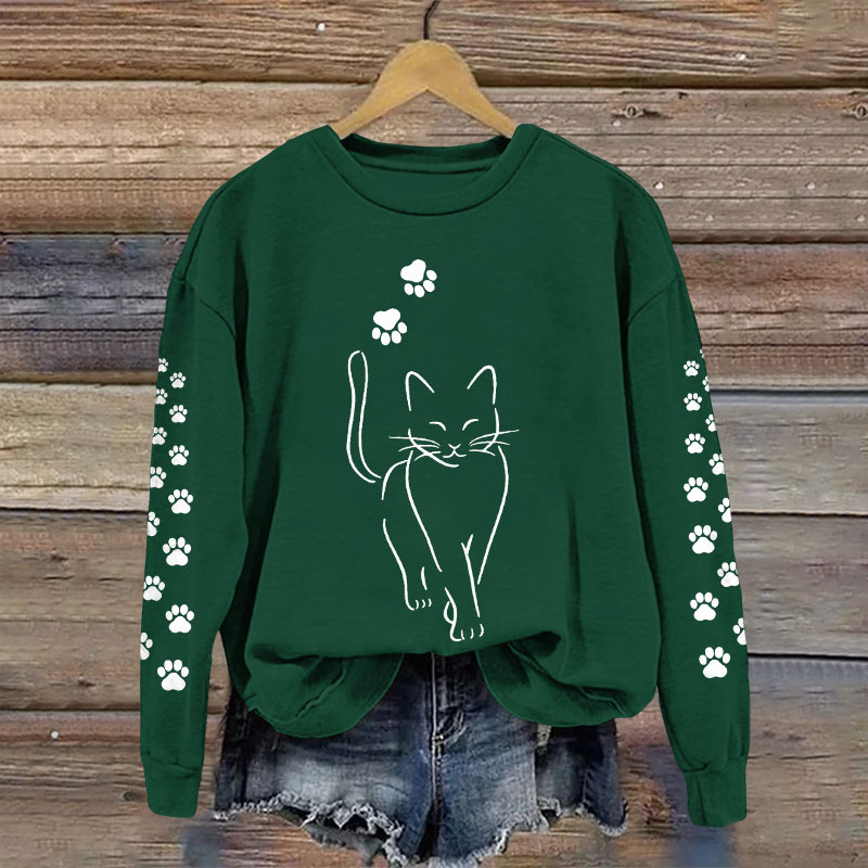 Funny Cat And Footprints Casual Crew Neck Sweatshirt - Green - 5XL - image 4