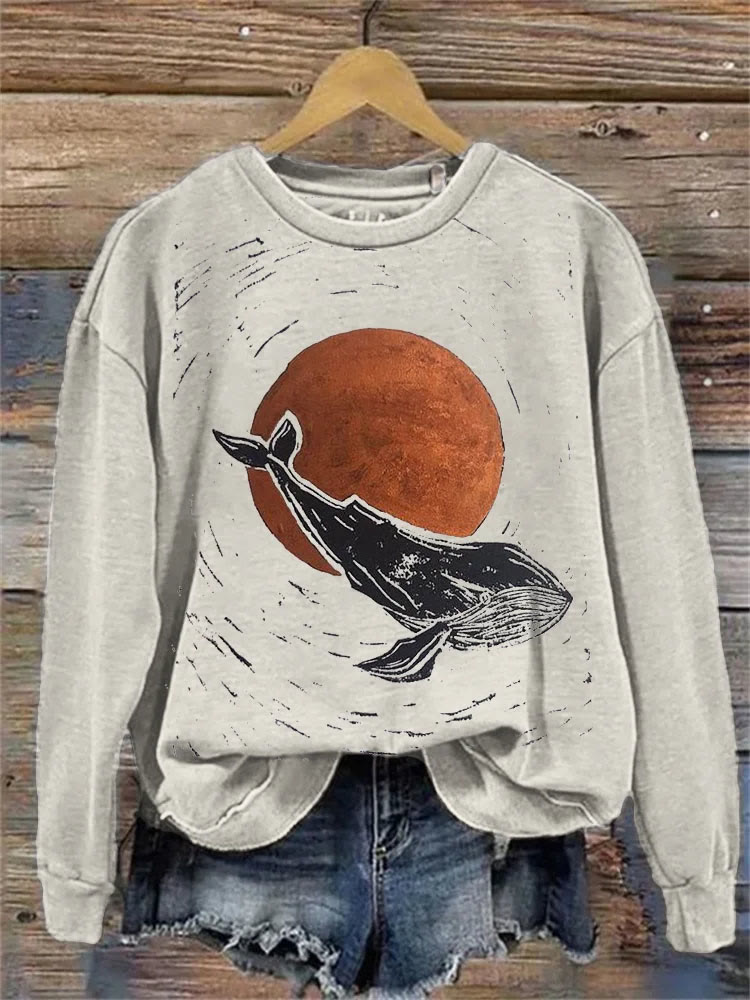 Whale & Sunrise Japanese Lino Art Sweatshirt - Khaki - 5XL - image 1