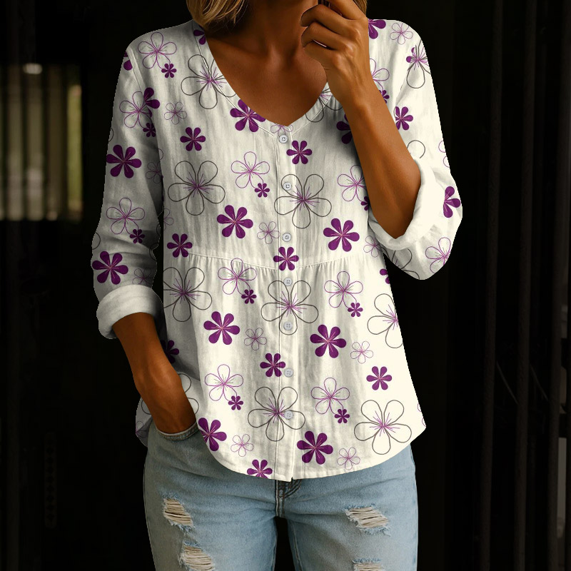 Lovely Purple Floral Print Button V-neck A-line Long Sleeve Blouse - Beige - 4XL - image 1