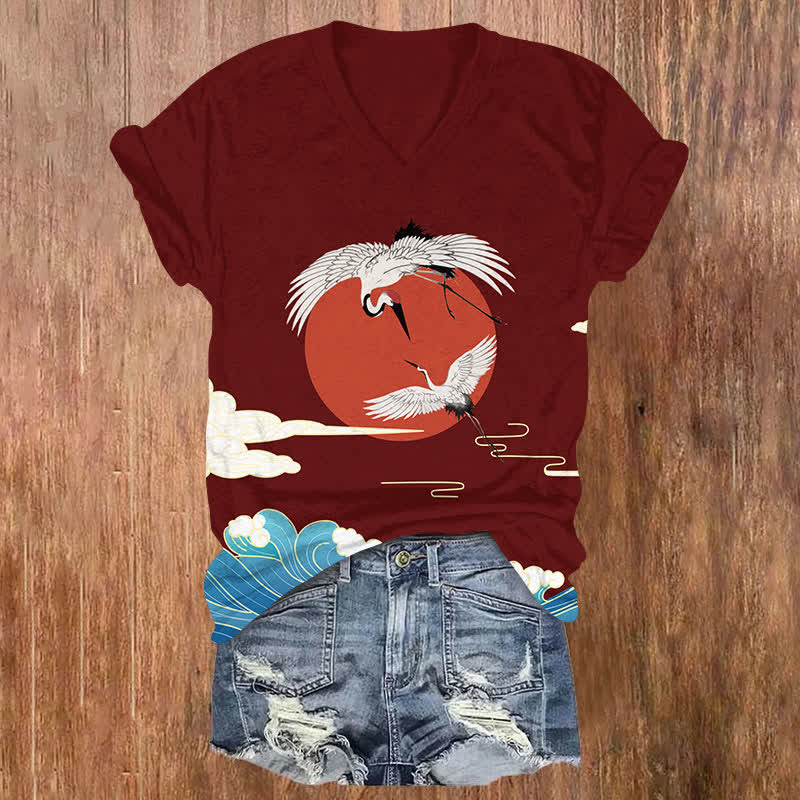Japanese Sun & Crane Art Print V-neck T-shirt - Red - US32-34(5XL) - image 5