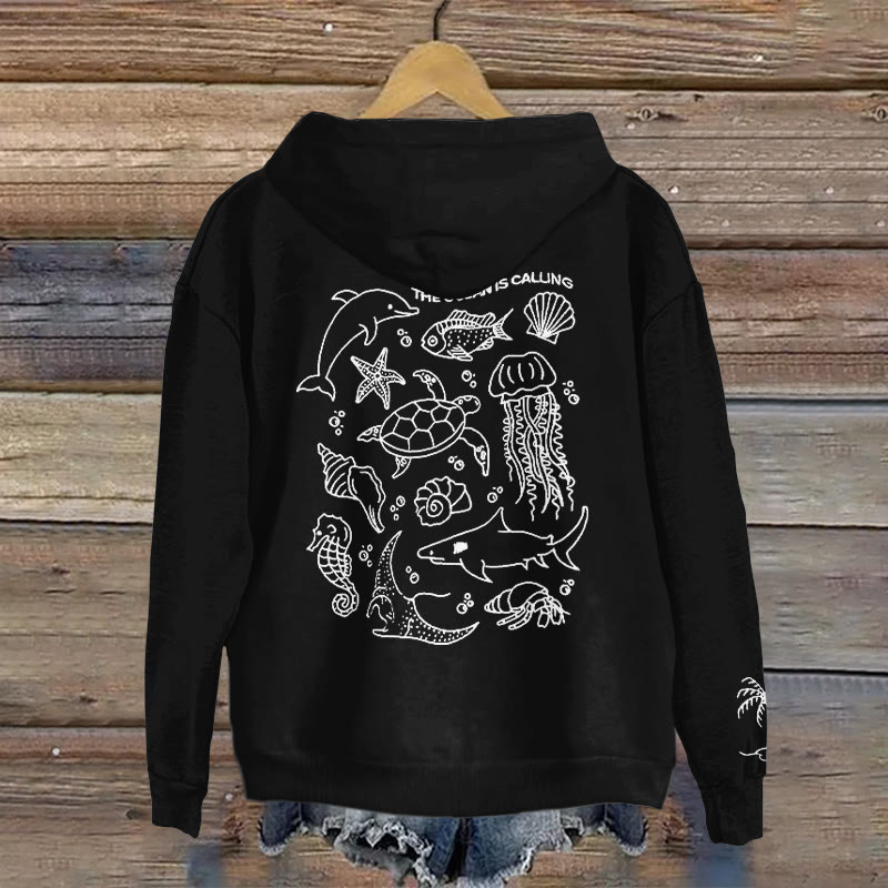 100% Cotton The Ocean Is Calling Print Hoodie - Black - 2XL - image 3