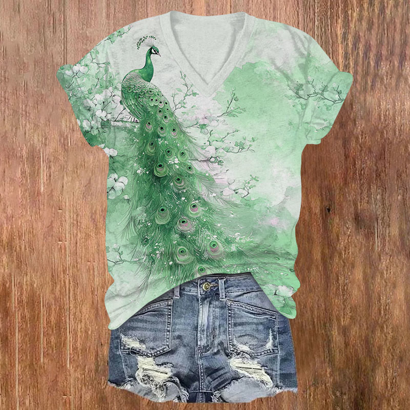 Peacock Print V-neck T-shirt - Green - US32-34(5XL) - image 3