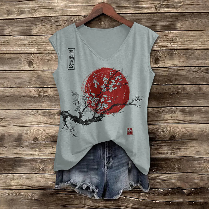 Women's Sunrise Japanese Art Print V-neck Tank Top - Blue - 5XL - image 3
