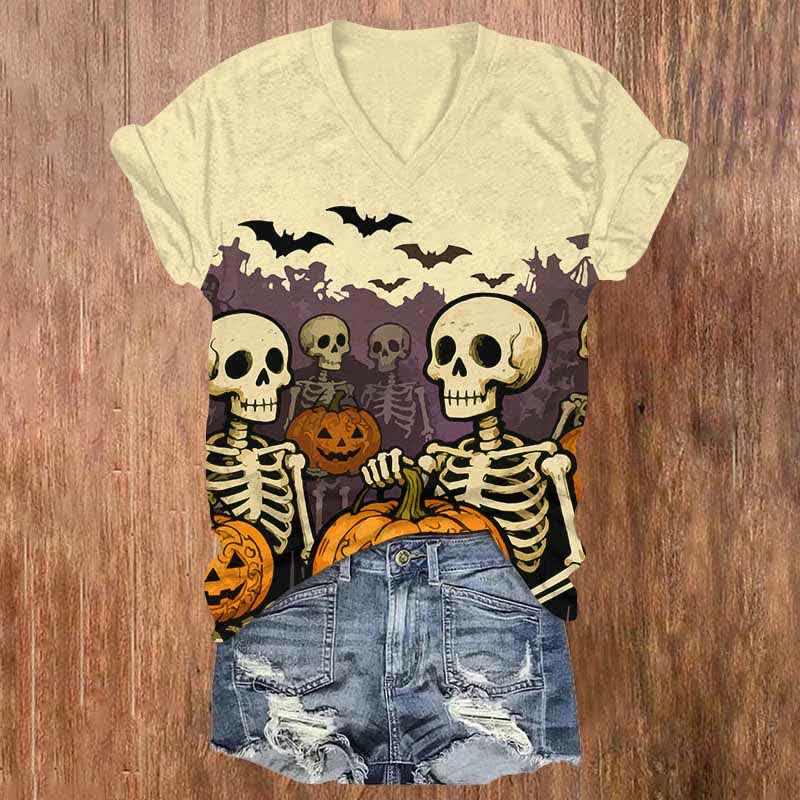 Halloween Skeleton Man Holding Pumpkin Print V-neck T-shirt - Yellow - US32-34(5XL) - image 3