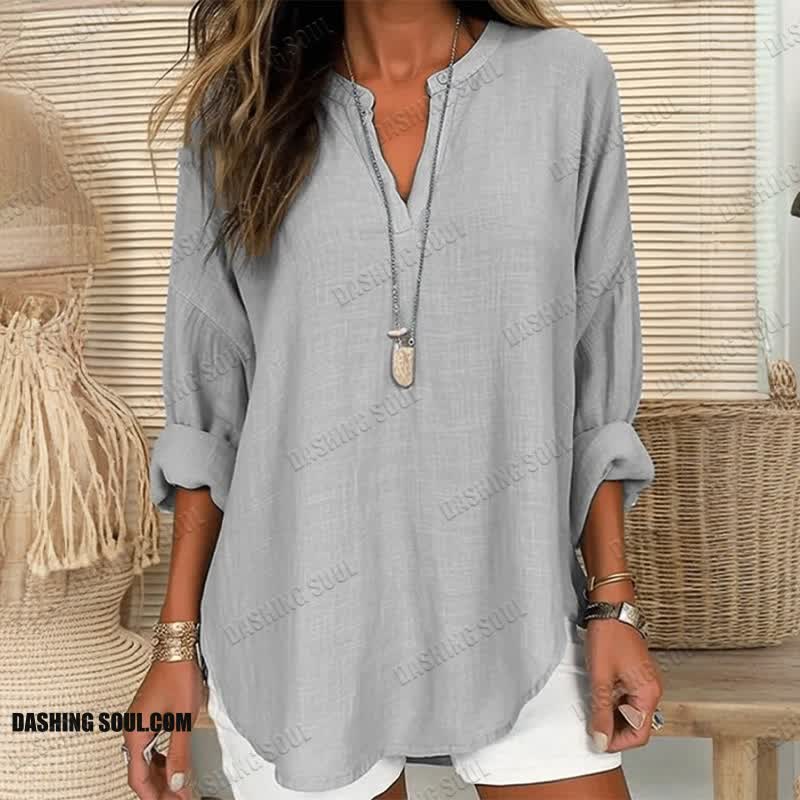 Women's Solid Color V Neck Long Sleeve Blouse