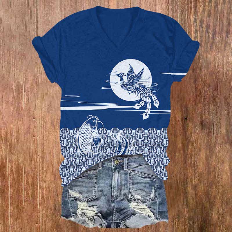 Japanese Flying Phoenix With Koi Fish Scale Pattern Print V-neck T-shirt - Blue - US32-34(5XL) - image 2