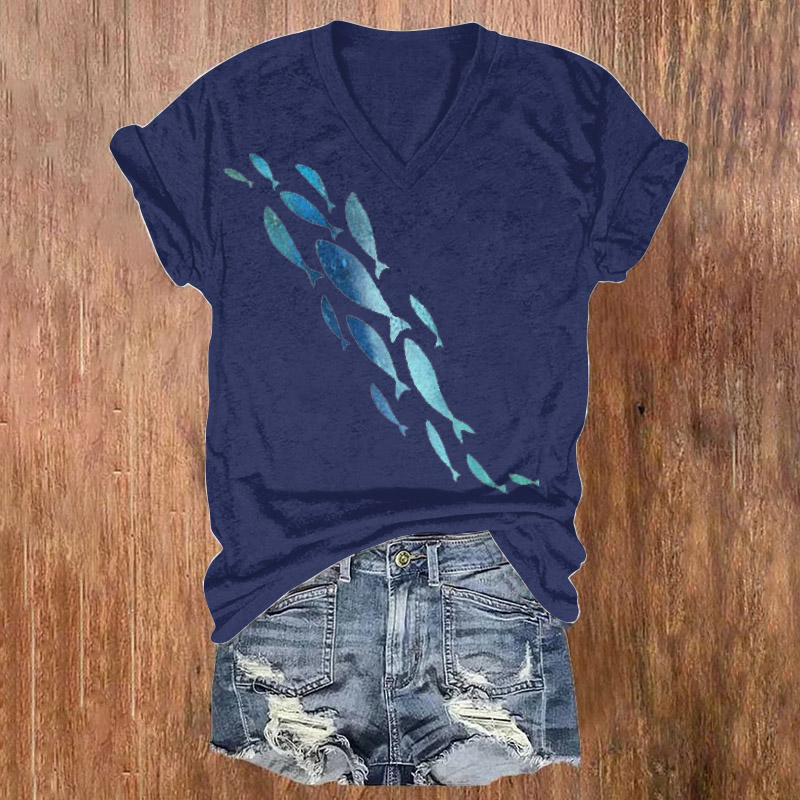 Simple Sea Fish Print V-neck T-shirt - Blue - 5XL - image 1