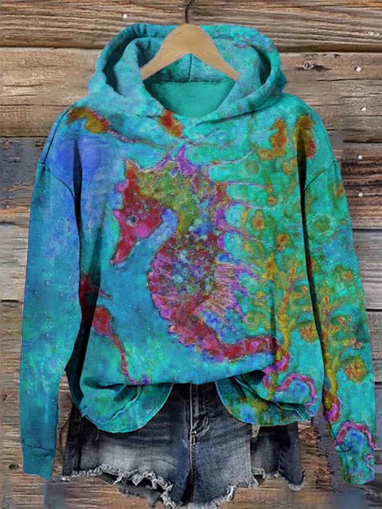 Contrast Color Seahorse Oil Painting Print Hoodie - Lake Blue - 8XL - image 2
