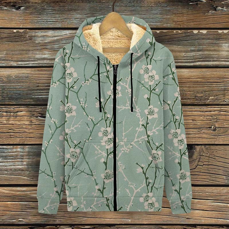 Vintage Japanese Cherry Blossom Print Fleece Jacket - Green - 4XL - image 1