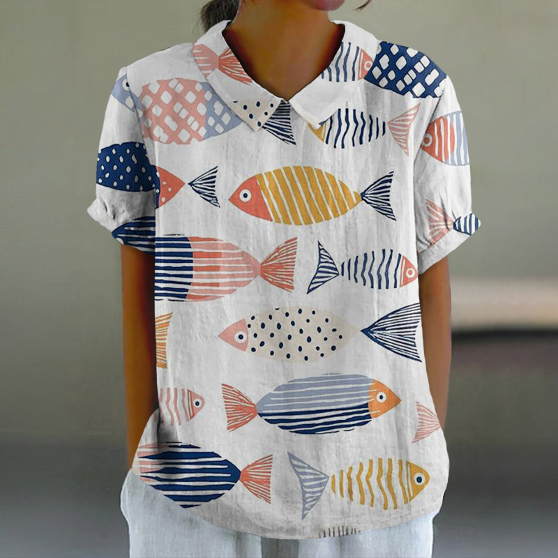 Funny Cartoon Fish Art Print Casual Lapel Loose Blouse - White - 6XL - image 1
