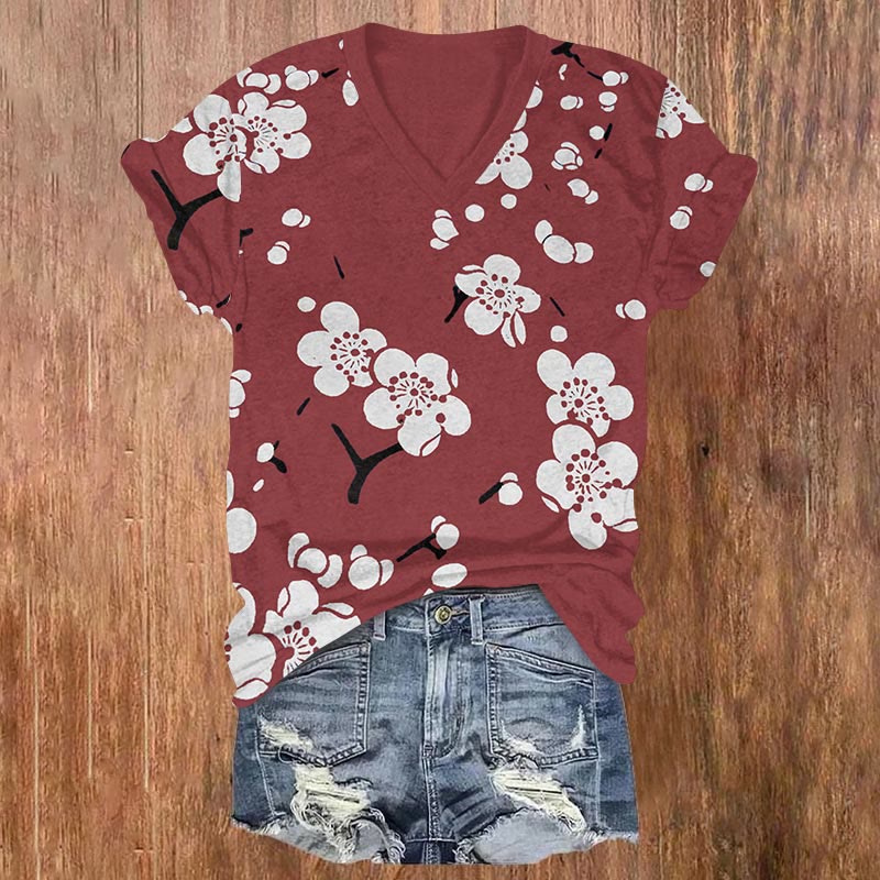 Plum Blossom Japanese Art Print V-neck T-shirt - Red - US32-34(5XL) - image 2