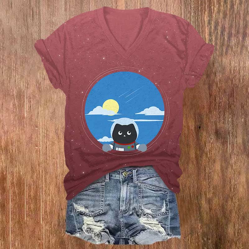 Curious Astronaut Cat Watching The Sky Print V-neck T-shirt - Red - US32-34(5XL) - image 7