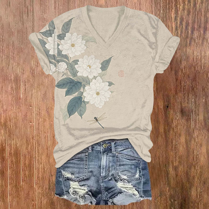 Vintage Begonia Blossom & Dragonfly Art Print V-neck T-shirt - Apricot - US32-34(5XL) - image 4