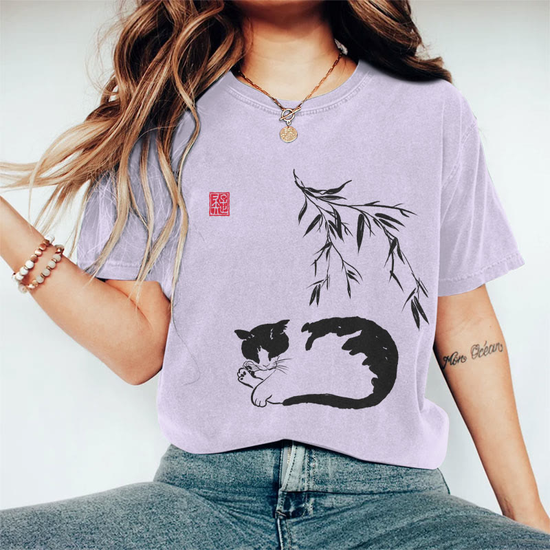 100% Cotton Women's Japanese Sleeping Cat Under Bamboo Art Print Casual T-shirt - Purple - 2XL - image 3