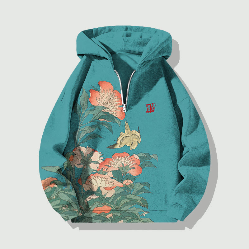 Unisex Japanese Style Flower Half Zip Hoodie - Green - US32-34(5XL) - image 3