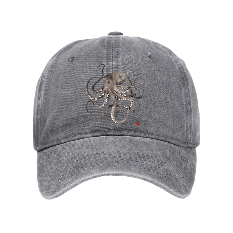 Unisex 100% Cotton Octopus Japanese Calligraphy Vintage Print Cap - Grey - one size - image 6