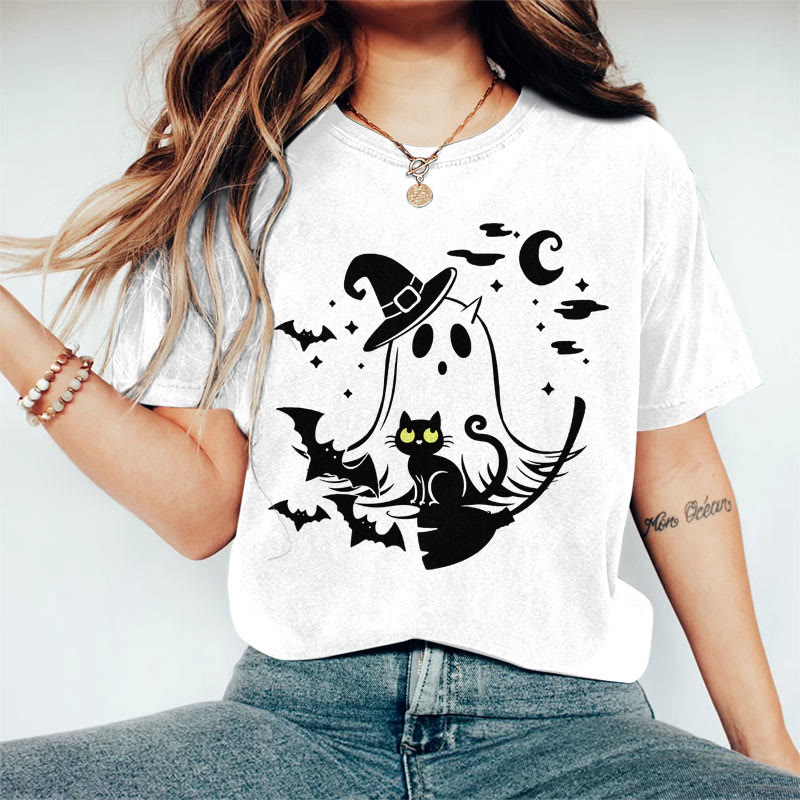 100% Cotton Women's  Halloween Wizard Hat Ghost & Black Cat Art Print Casual T-shirt - White - 2XL - image 2