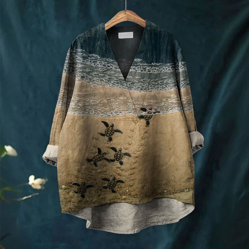 Baby Sea Turtles Beach Fiber Art Print Casual V-neck Blouse - image 7