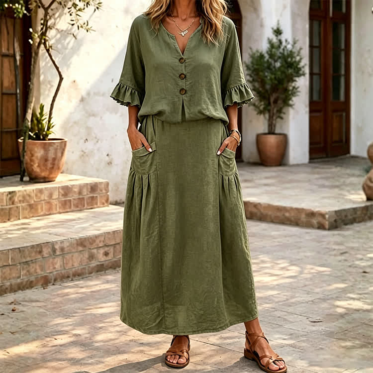 Solid Button V-neck Ruffle Sleeves Blouse & Solid Pocket Skirt Set - Army Green - 4XL - image 11