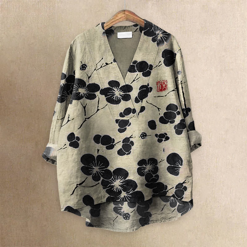 Cherry Blossom Japanese Lino Art Vintage Printed Casual V-neck Blouse - Black - 6XL - image 2