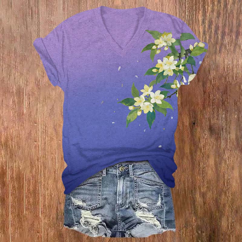 Japanese Watercolor Pear Blossom Art Print V-neck T-shirt - Purple - US32-34(5XL) - image 4