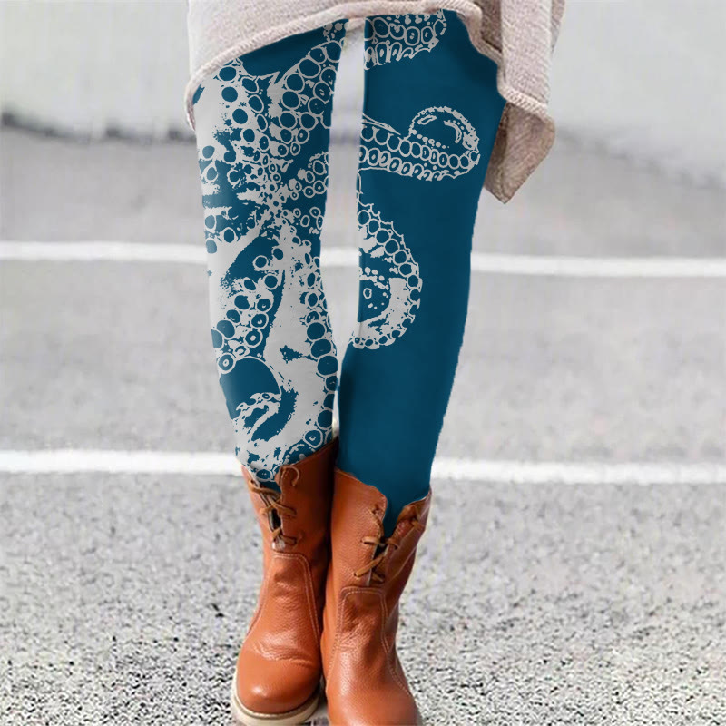 Octopus Asymmetric Print Leggings - Blue - 5XL - image 5
