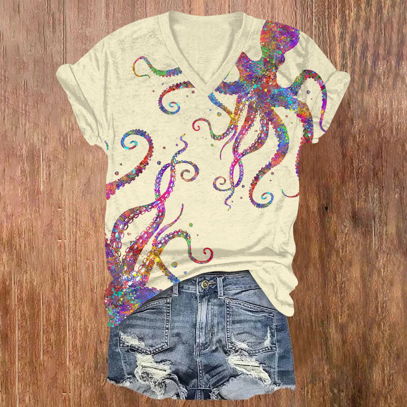 Ocean Colorful Iridescent Octopus Pattern Print Short Sleeved V-neck T-shirt - Apricot - US32-34(5XL) - image 3