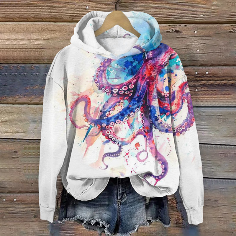 Japanese Art Colorful Octopus Print Long Sleeve Hoodie - White - 8XL - image 1