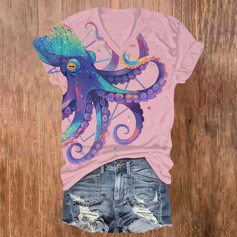 Watercolor Rainbow Octopus Print V-neck T-shirt - Pink - US32-34(5XL) - image 3
