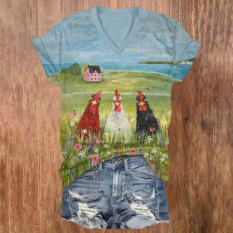 Oil Painting Rooster Print Short Sleeved V-neck T-shirt - Blue - US32-34(5XL) - image 1