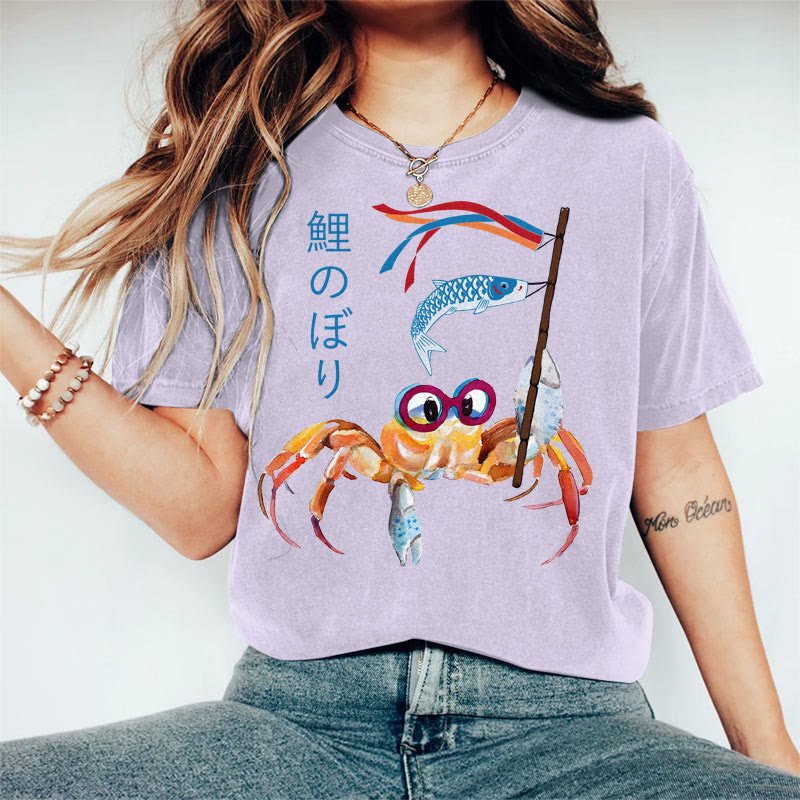 100% Cotton Women's Japanese Funny Crab Holding Koi Flag Art Print Casual T-shirt - Purple - 2XL - image 4