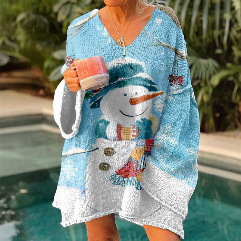 Geometric Snowflake Cute Scarf Snowman Christmas Art Print V-neck Pullover Sweater - image 2